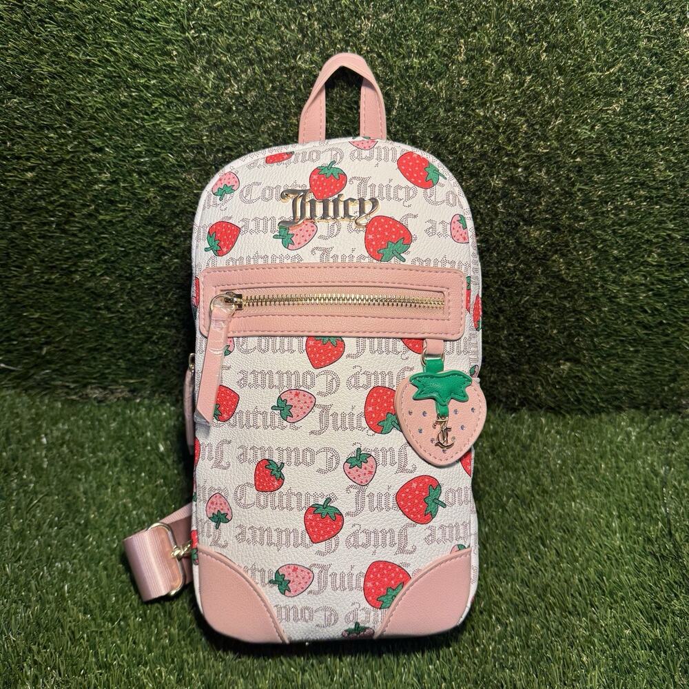 Juicy Couture Strawberry Print Sling Bag Pecan Pink with Charm Keychain NWT